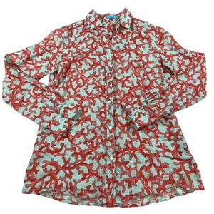 J.McLaughlin Womens XS Linen Coral Reef Print Button Down Shirt Blue Red Pink